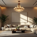 A photograph of a beautifully designed living room featuring an elegant light fixture