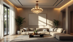 A photograph of a beautifully designed living room featuring an elegant light fixture