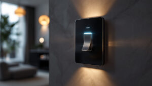 A photograph of a stylish toggle switch light switch in a modern home setting