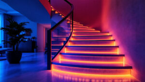 A photograph of a beautifully illuminated staircase featuring led lights