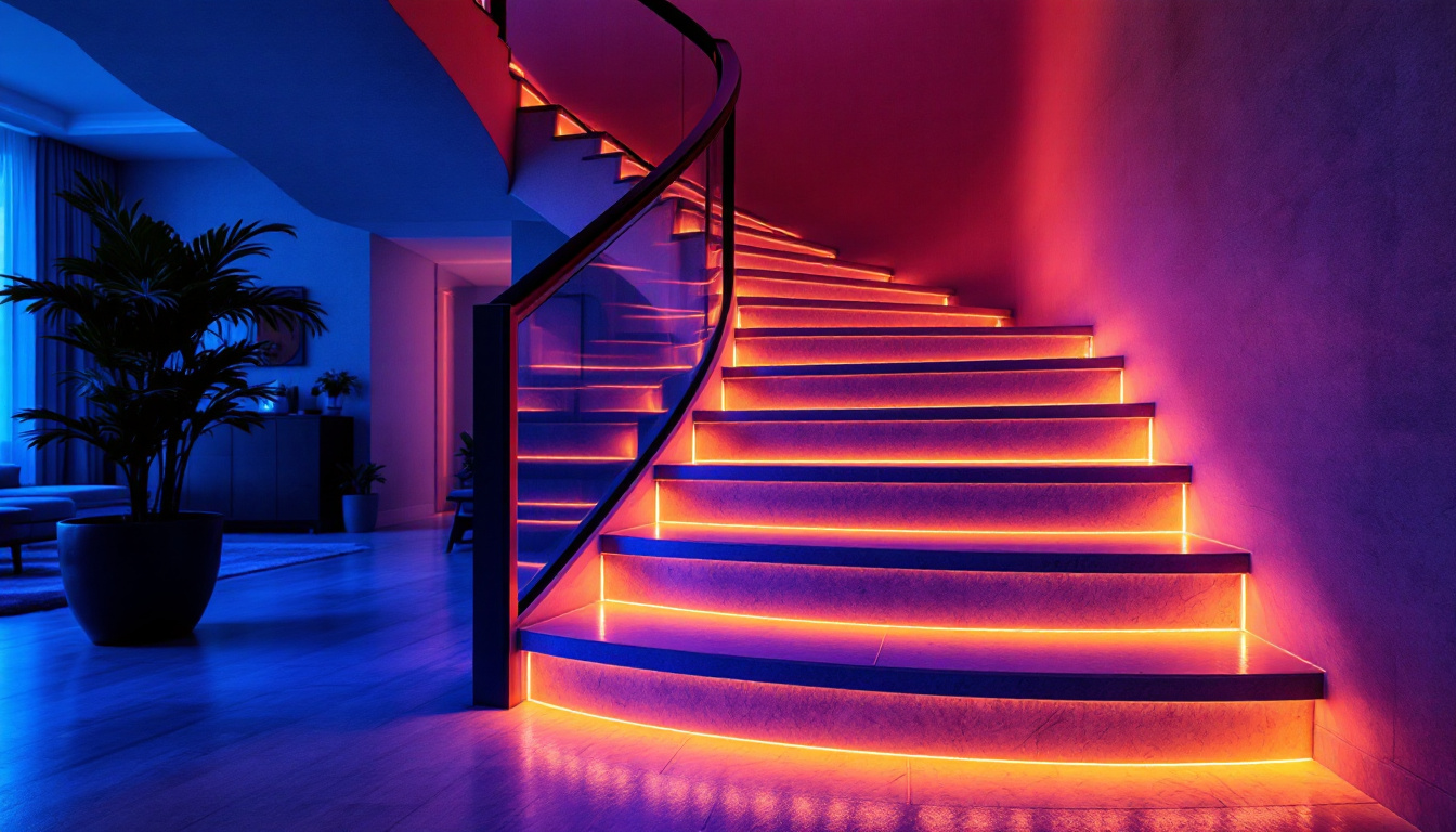 A photograph of a beautifully illuminated staircase featuring led lights