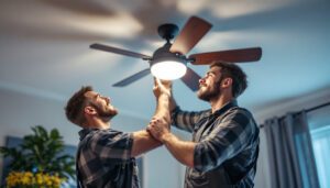 A photograph of a lighting contractor skillfully installing or adjusting a ceiling fan with integrated lighting features