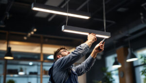 A photograph of capture a photograph of a professional lighting contractor installing the lithonia lighting 4' 237v led fixture in a modern commercial space