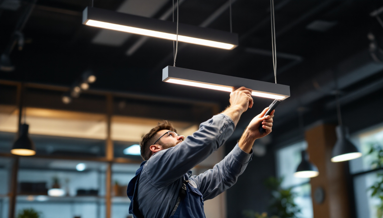 A photograph of capture a photograph of a professional lighting contractor installing the lithonia lighting 4' 237v led fixture in a modern commercial space