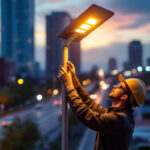 A photograph of a well-lit commercial solar street light installed in an urban setting