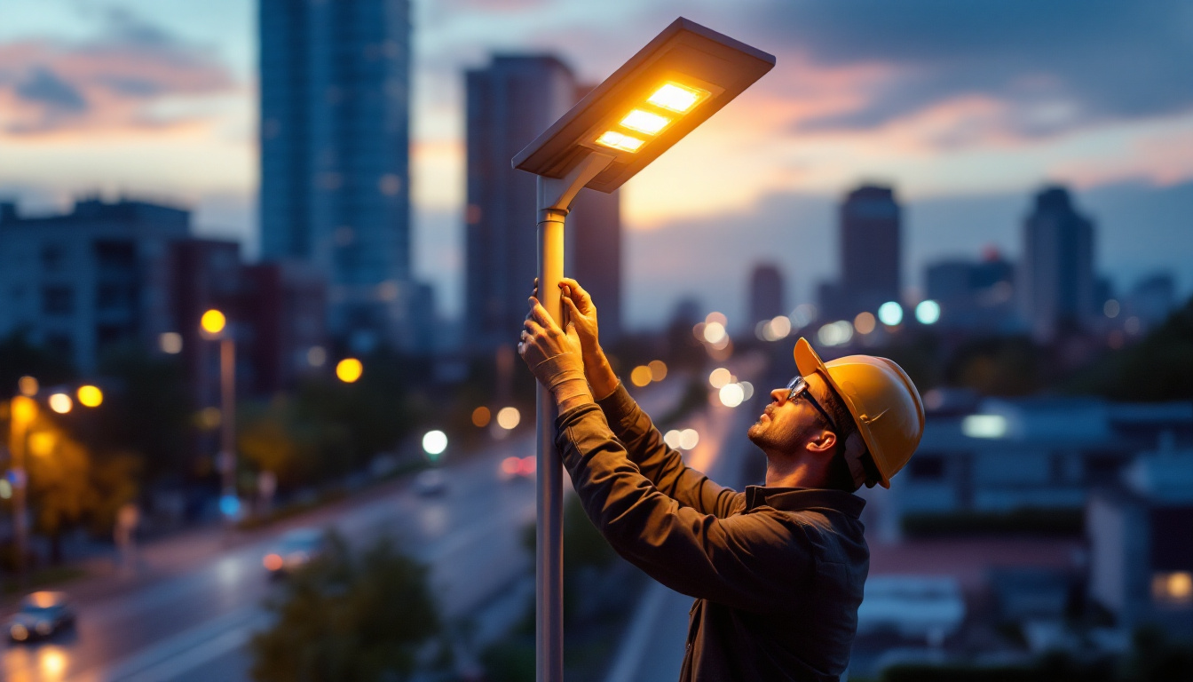 A photograph of a well-lit commercial solar street light installed in an urban setting