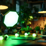 A photograph of a well-lit workspace featuring bright green daylight 120 60hz light bulbs illuminating various lighting tools and fixtures