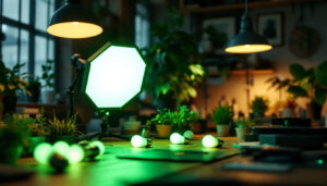 A photograph of a well-lit workspace featuring bright green daylight 120 60hz light bulbs illuminating various lighting tools and fixtures