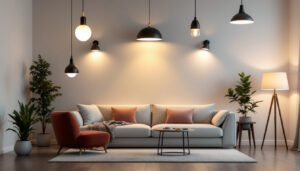 A photograph of a beautifully lit room showcasing various light fixtures in use