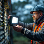 A photograph of a lighting contractor in action