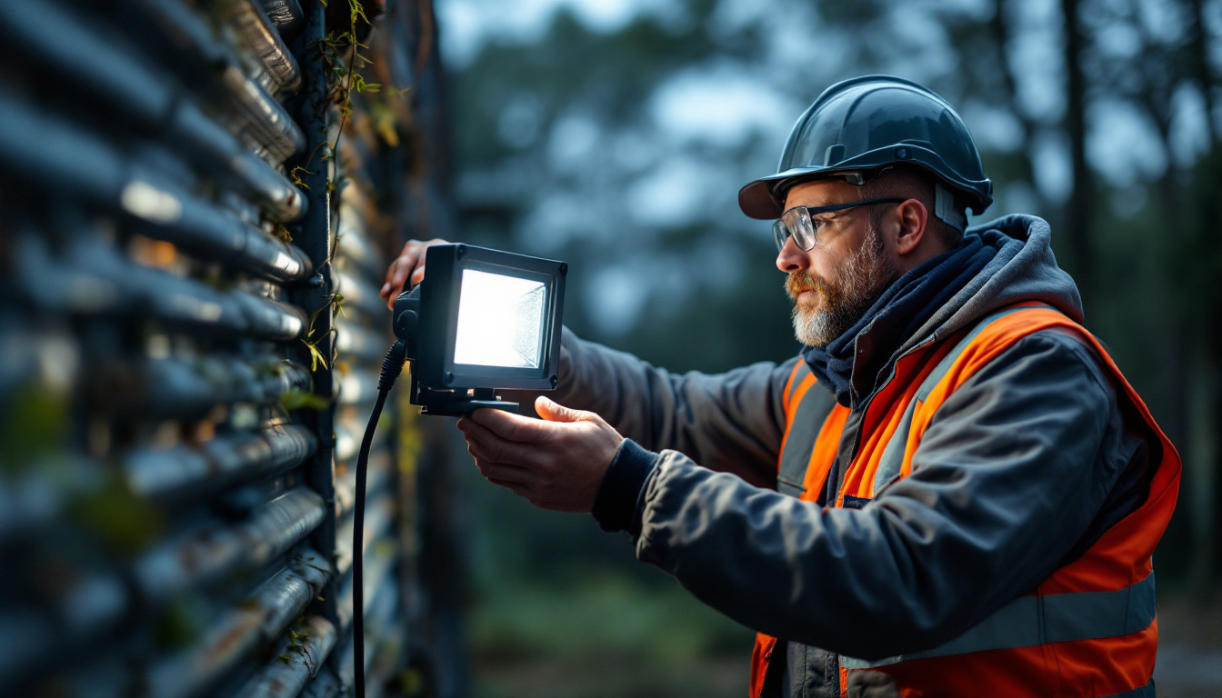 A photograph of a lighting contractor in action
