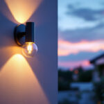 A photograph of a beautifully designed exterior wall sconce light illuminating a stylish entrance or outdoor space during twilight