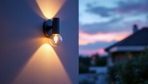 A photograph of a beautifully designed exterior wall sconce light illuminating a stylish entrance or outdoor space during twilight