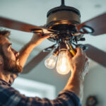 A photograph of a skilled lighting contractor expertly replacing parts on a remote-controlled light fixture of a hunter fan