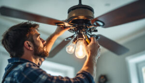 A photograph of a skilled lighting contractor expertly replacing parts on a remote-controlled light fixture of a hunter fan