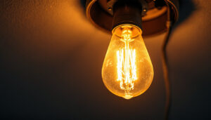 A photograph of a close-up of a flickering light bulb in a ceiling fixture