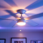 A photograph of a well-lit ceiling fan installation in a stylish room