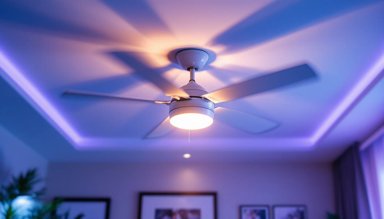 A photograph of a well-lit ceiling fan installation in a stylish room