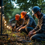 A photograph of a team of outdoor lighting professionals engaged in a hands-on training session