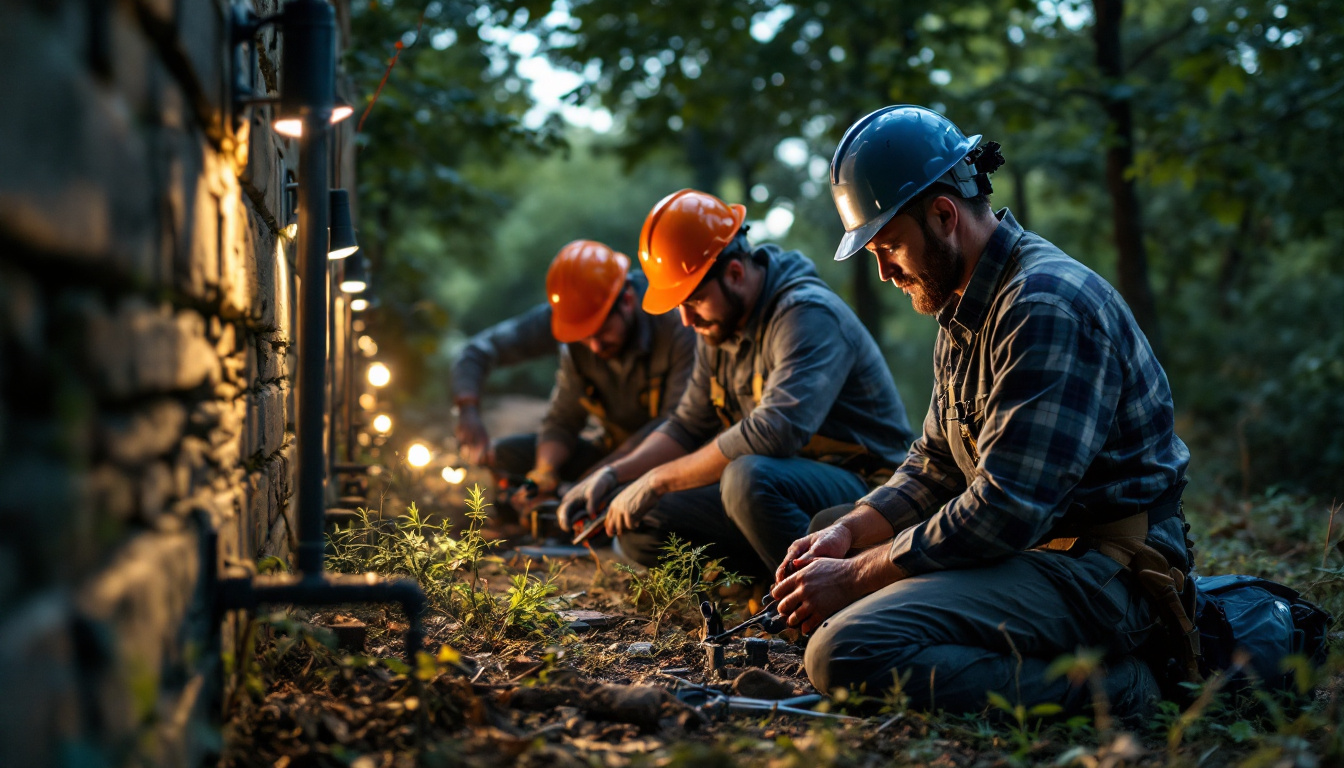 A photograph of a team of outdoor lighting professionals engaged in a hands-on training session
