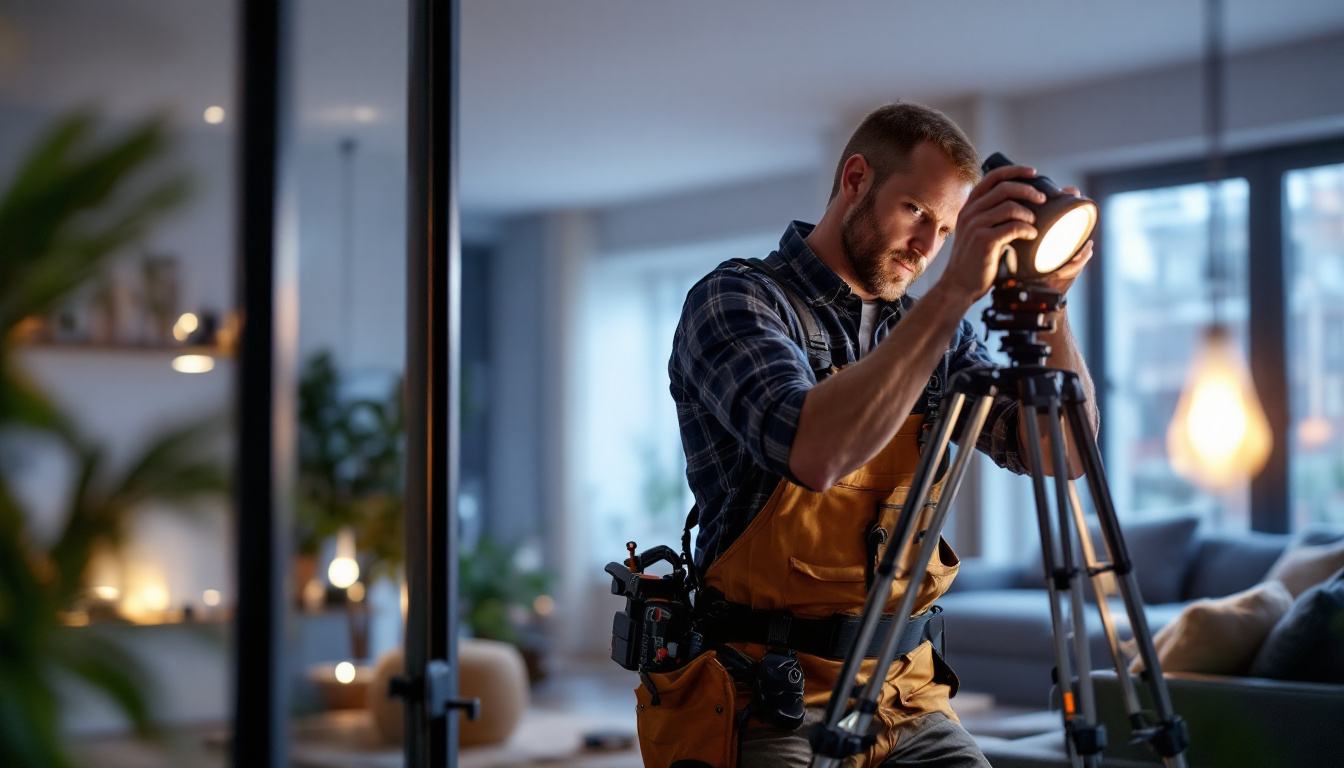 A photograph of a lighting contractor working with sylvania lighting products in a well-lit residential or commercial space
