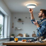 A photograph of a lighting contractor installing a recessed can conversion kit in a modern home