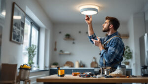 A photograph of a lighting contractor installing a recessed can conversion kit in a modern home