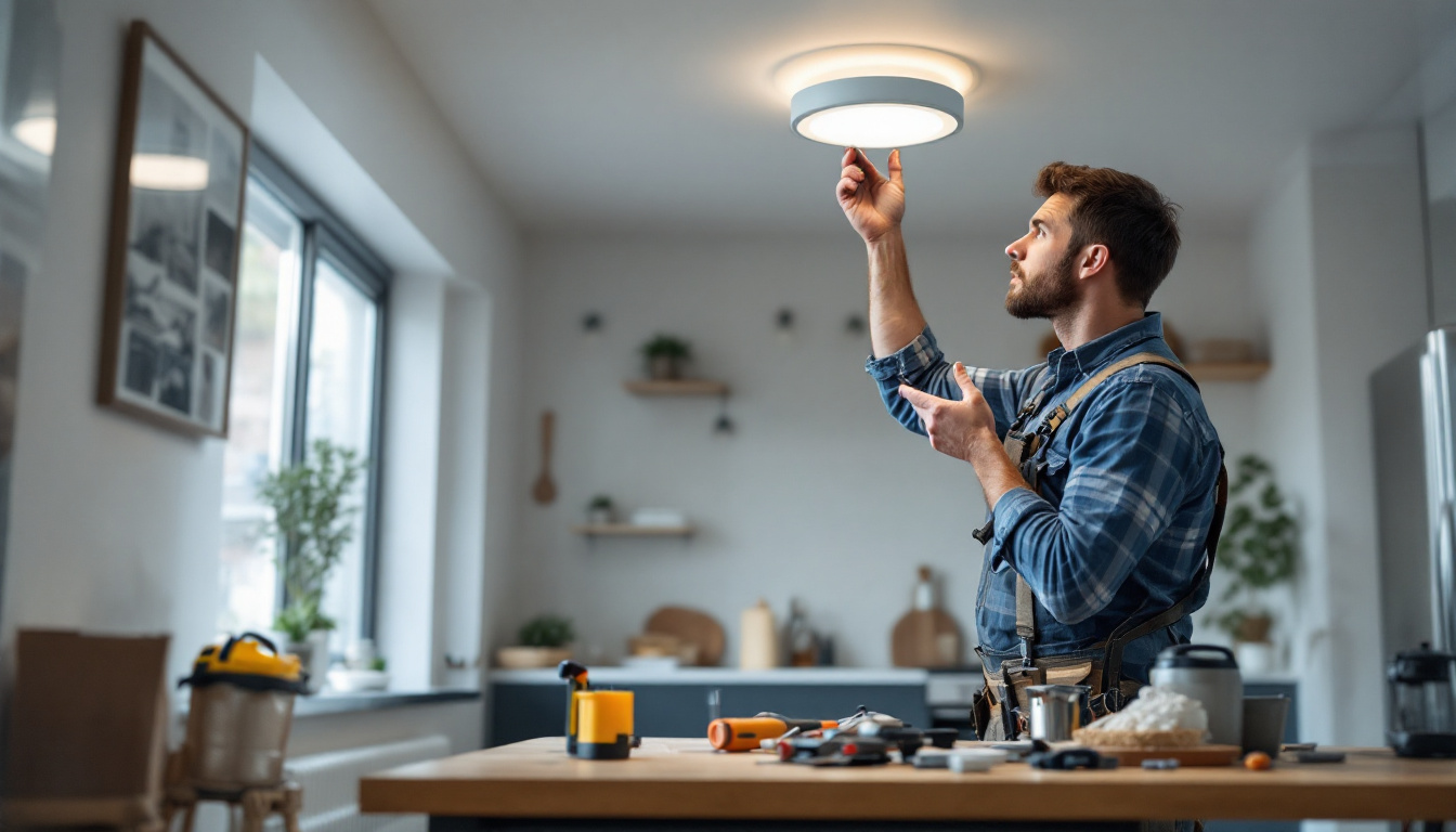 A photograph of a lighting contractor installing a recessed can conversion kit in a modern home