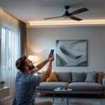 A photograph of a lighting contractor installing a ceiling fan wall control in a stylish living room
