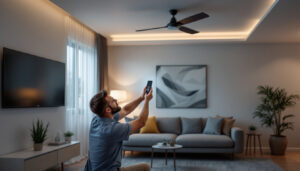 A photograph of a lighting contractor installing a ceiling fan wall control in a stylish living room
