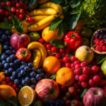 A photograph of a beautifully arranged display of various fruits illuminated by creative lighting techniques