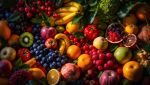 A photograph of a beautifully arranged display of various fruits illuminated by creative lighting techniques