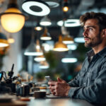 A photograph of a lighting contractor examining a well-lit space