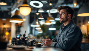 A photograph of a lighting contractor examining a well-lit space