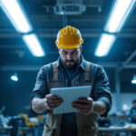A photograph of a lighting contractor in action
