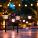 A photograph of a beautifully illuminated outdoor space featuring various styles of cool solar lights