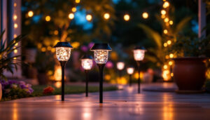 A photograph of a beautifully illuminated outdoor space featuring various styles of cool solar lights