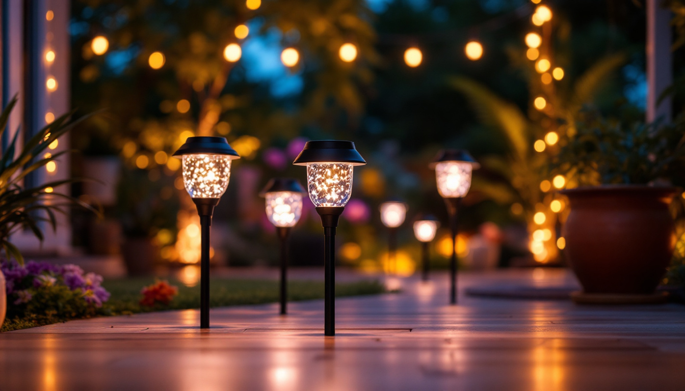 A photograph of a beautifully illuminated outdoor space featuring various styles of cool solar lights