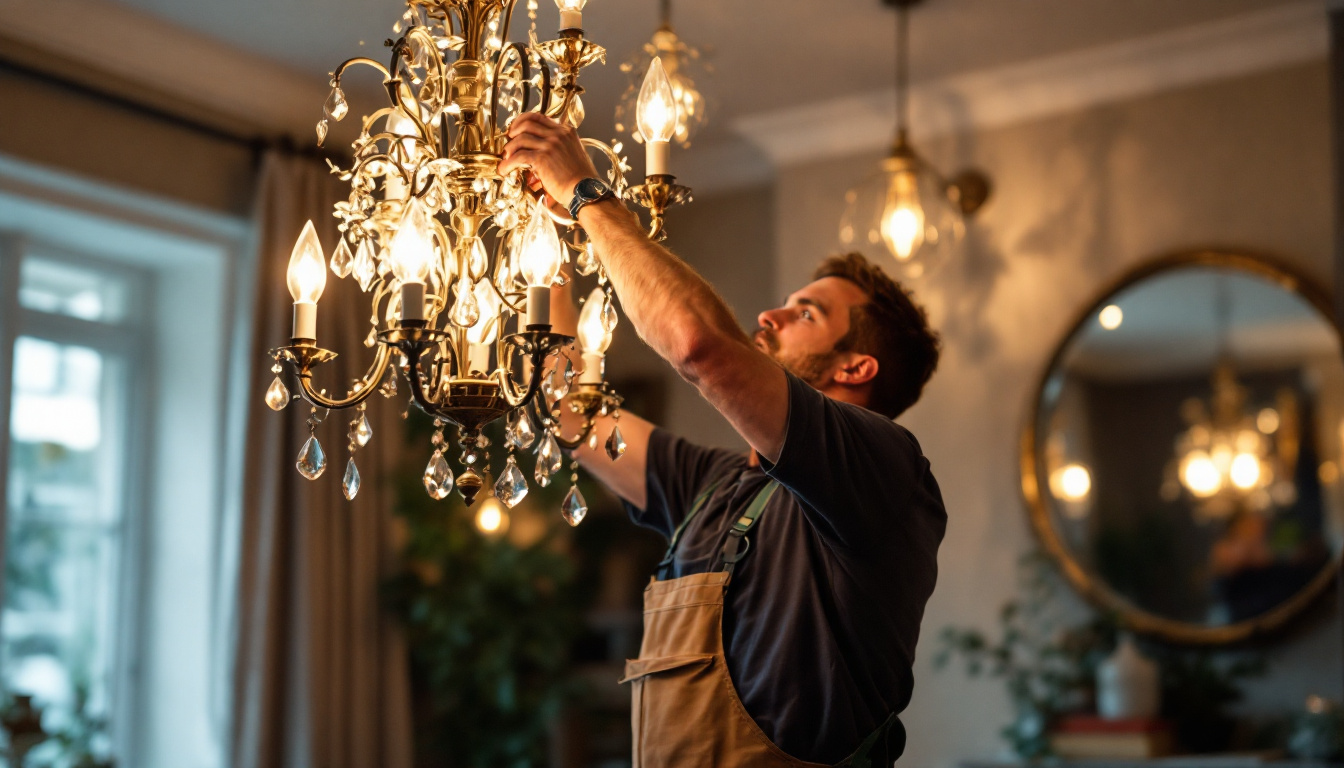 A photograph of a beautifully designed chandelier illuminated in a stylish interior setting