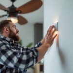 A photograph of a skilled lighting contractor installing or adjusting a ceiling fan wall switch in a modern home setting