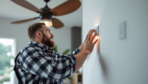A photograph of a skilled lighting contractor installing or adjusting a ceiling fan wall switch in a modern home setting