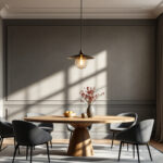 A photograph of a beautifully designed dining room featuring an elegant pendant light as the focal point