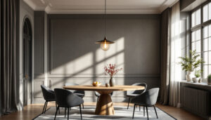 A photograph of a beautifully designed dining room featuring an elegant pendant light as the focal point