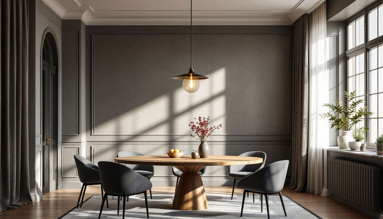 A photograph of a beautifully designed dining room featuring an elegant pendant light as the focal point