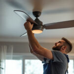 A photograph of a skilled lighting contractor installing a stylish ceiling fan in a modern home setting