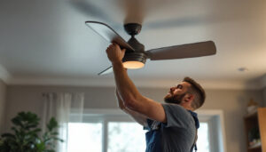 A photograph of a skilled lighting contractor installing a stylish ceiling fan in a modern home setting