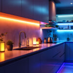 A photograph of a beautifully illuminated kitchen showcasing vibrant led strip lights under cabinets and along shelves