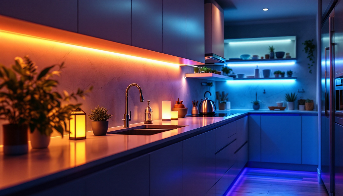 A photograph of a beautifully illuminated kitchen showcasing vibrant led strip lights under cabinets and along shelves
