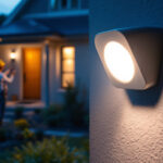 A photograph of a well-lit outdoor scene showcasing a motion sensor light in action