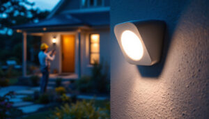 A photograph of a well-lit outdoor scene showcasing a motion sensor light in action